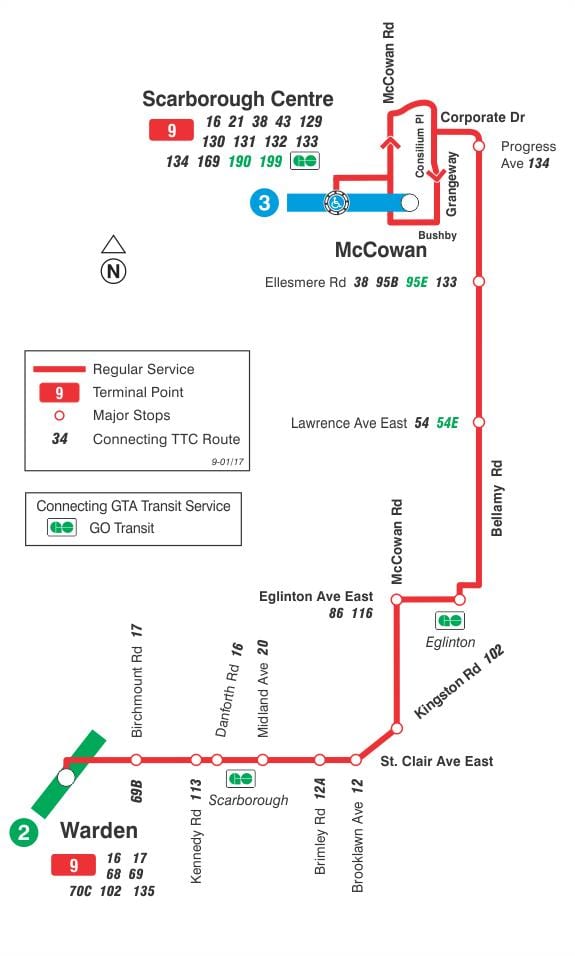 Mapa TTC 9 Bellamy autobusová zastávka Toronto