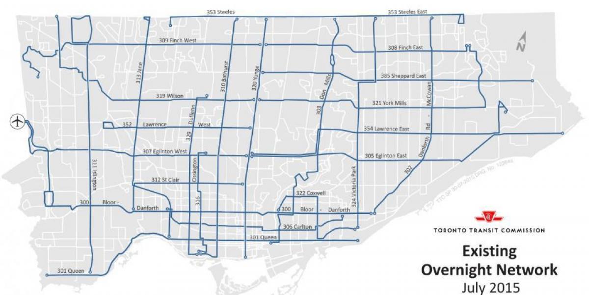 Mapa TTC cez noc siete bus