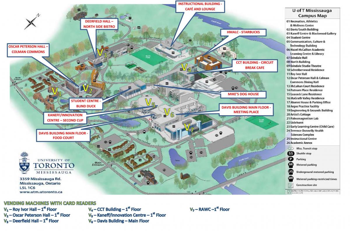 Mapa university of Toronto Mississauga areáli stravovacie služby