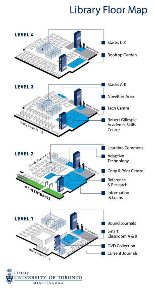 Mapa university of Toronto Mississauga knižnica úrovni