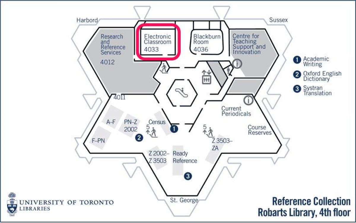 Mapa university of Toronto Robarts knižnice elektronické triede