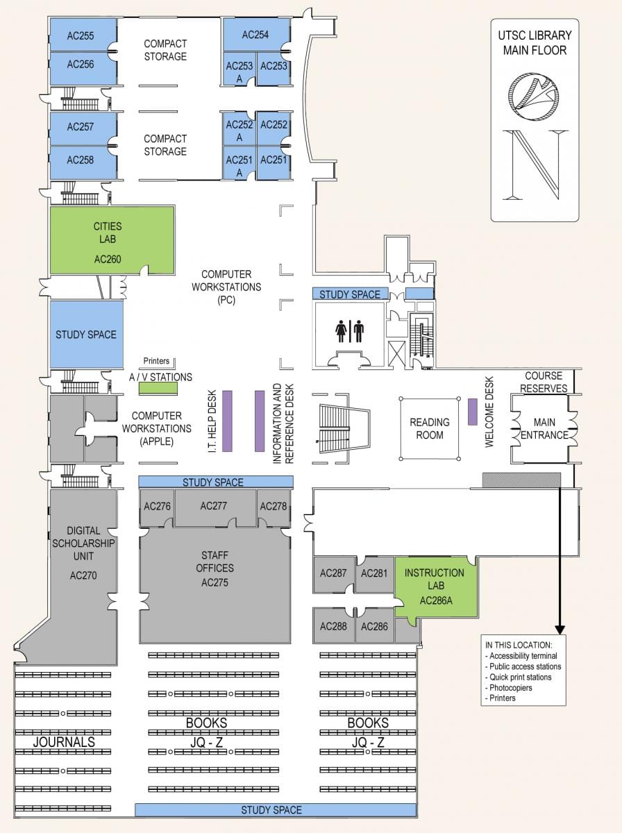 Mapa university of Toronto Scarborough areáli knižnice, prízemie