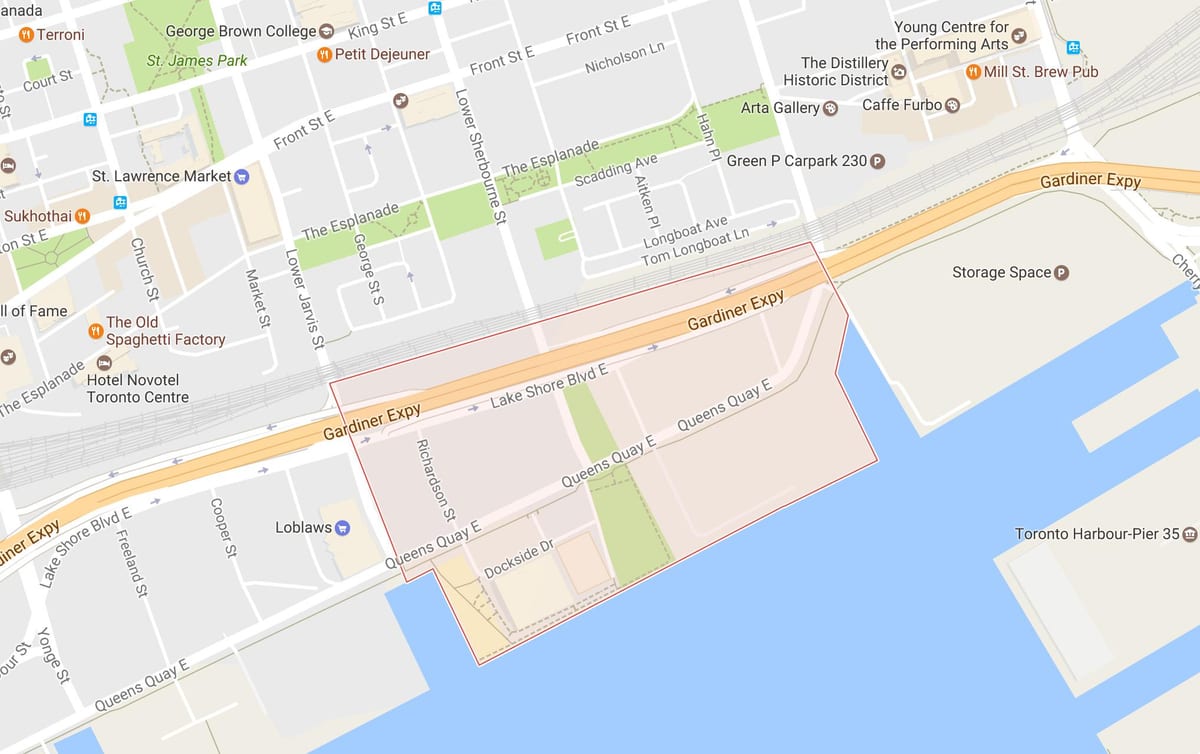 Mapa Východnej Bayfront okolí Toronto