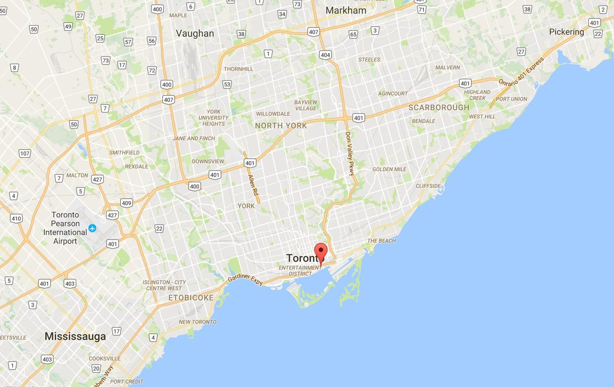 Mapa Východnej Bayfront okres Toronto