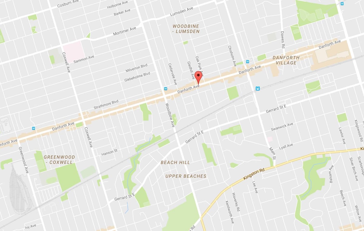 Mapa Východnej Danforth okolí Toronto