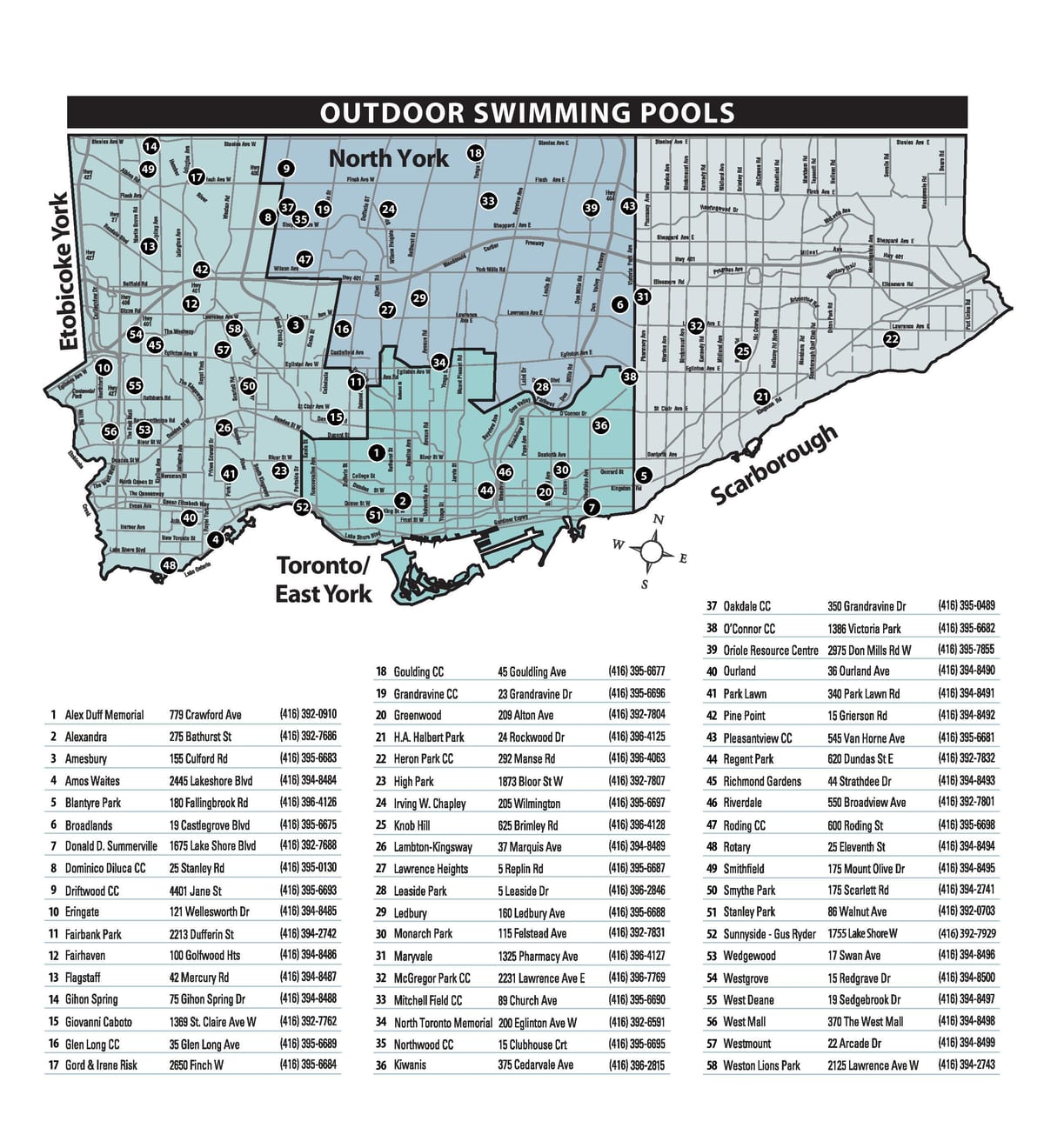 Mapa Vonkajšie bazény Toronto