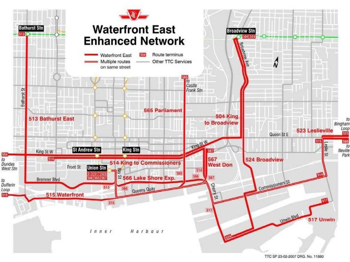 Mapa Nábreží Východ rozšírené siete Toronto