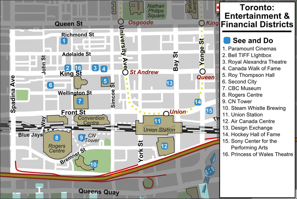 Mapa Zábavy a finančné okresov Toronto