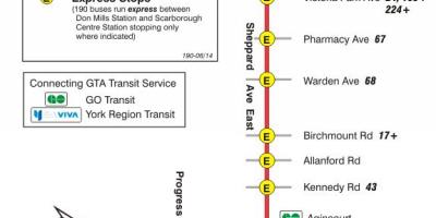 Mapa TTC 190 Scarborough Centre Rakety, autobusová zastávka Toronto
