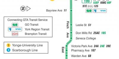 Mapa TTC 199 Finch Rakety, autobusová zastávka Toronto