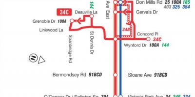 Mapa TTC 34 Eglinton Východ autobusová zastávka Toronto
