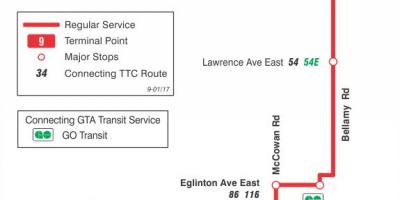 Mapa TTC 9 Bellamy autobusová zastávka Toronto