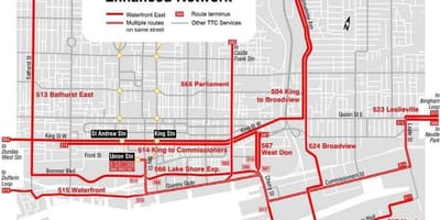 Mapa Nábreží Východ rozšírené siete Toronto